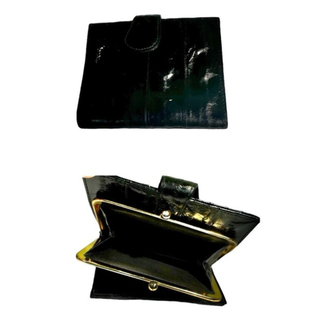 Vintage Eel Skin 1980s Leather Wallet Coin Purse Black Fold Organizer Card Slots